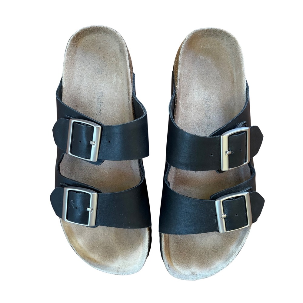 Quince Women's Nappa Leather Double Buckle Slide Sandals Black Size 8 Comfy